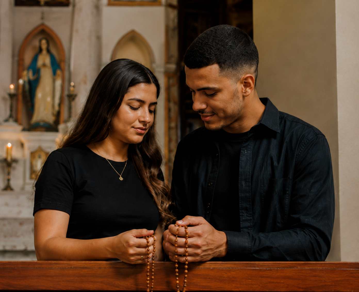 Casal de mãos dadas com o terço diante do altar